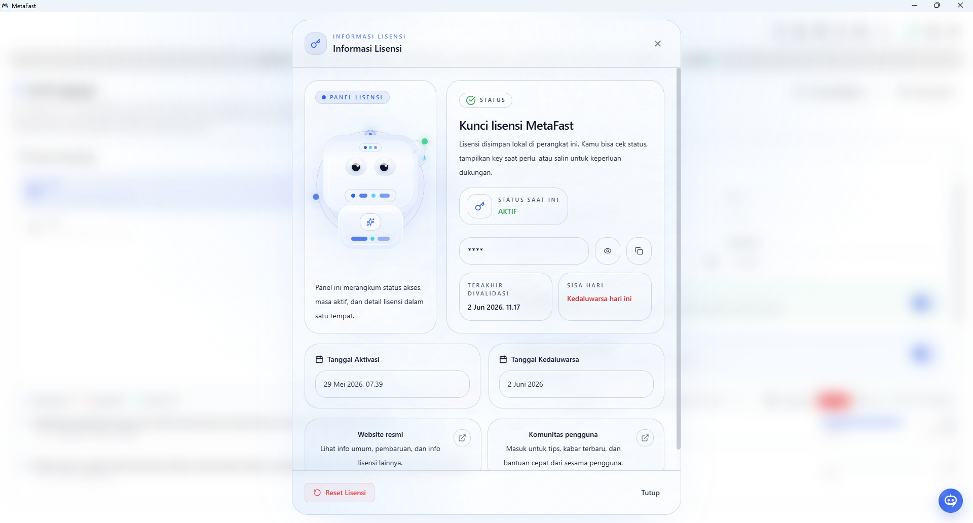 Panel informasi lisensi MetaFast